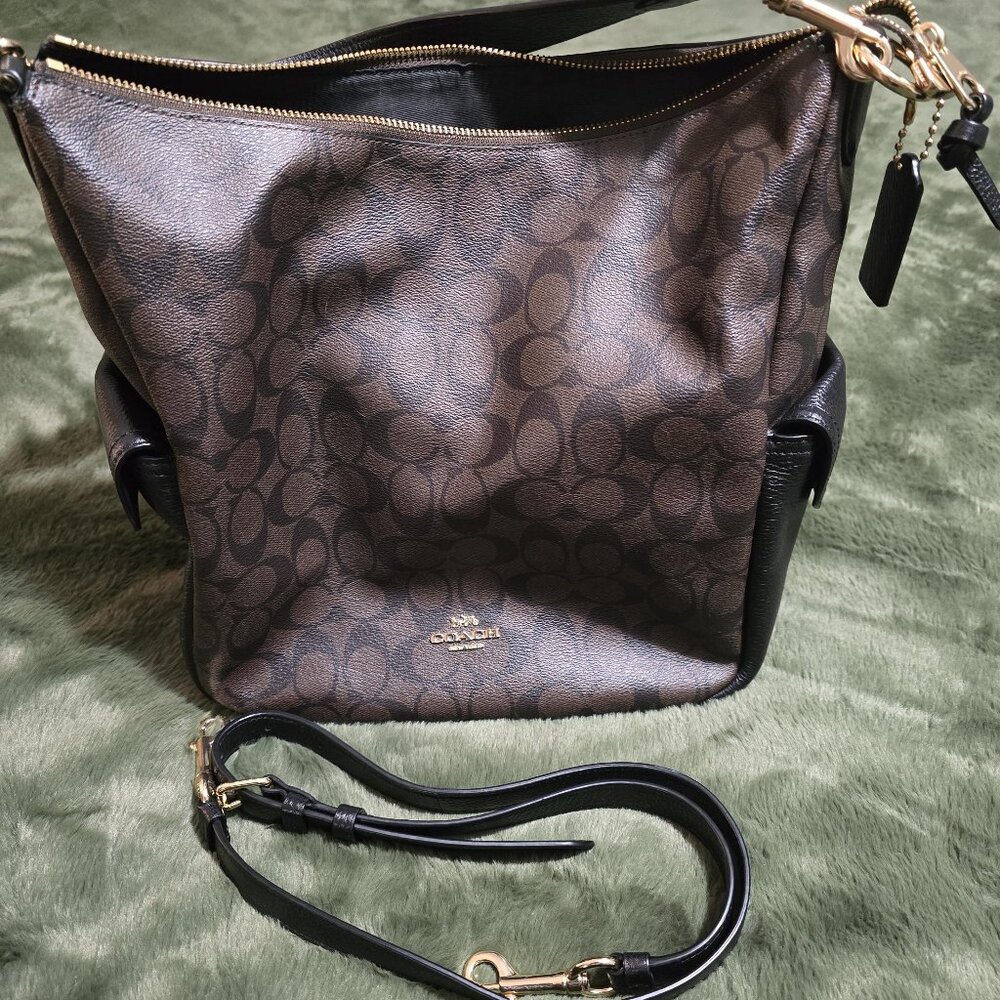 Coach Signature Brown and Black Shoulder Bag w detachable long strap